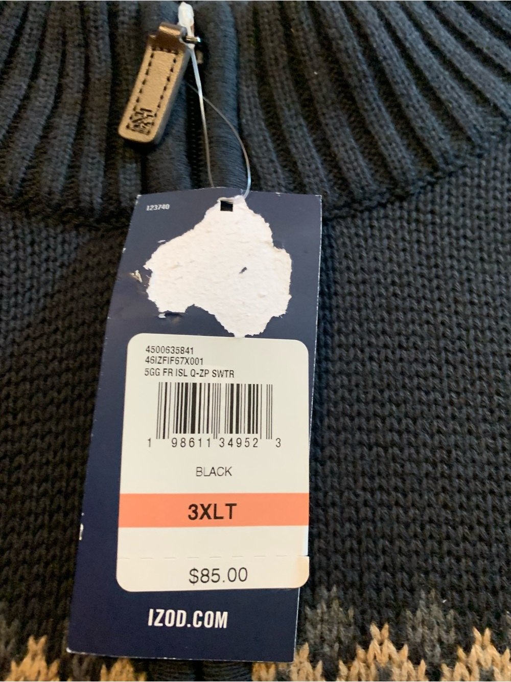 Izod Black Zip Mock Sweater with Mustard and Cream Fair Isle - Picture 7 of 8